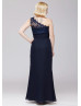One Shoulder Navy Blue Lace Chiffon Long Bridesmaid Dress